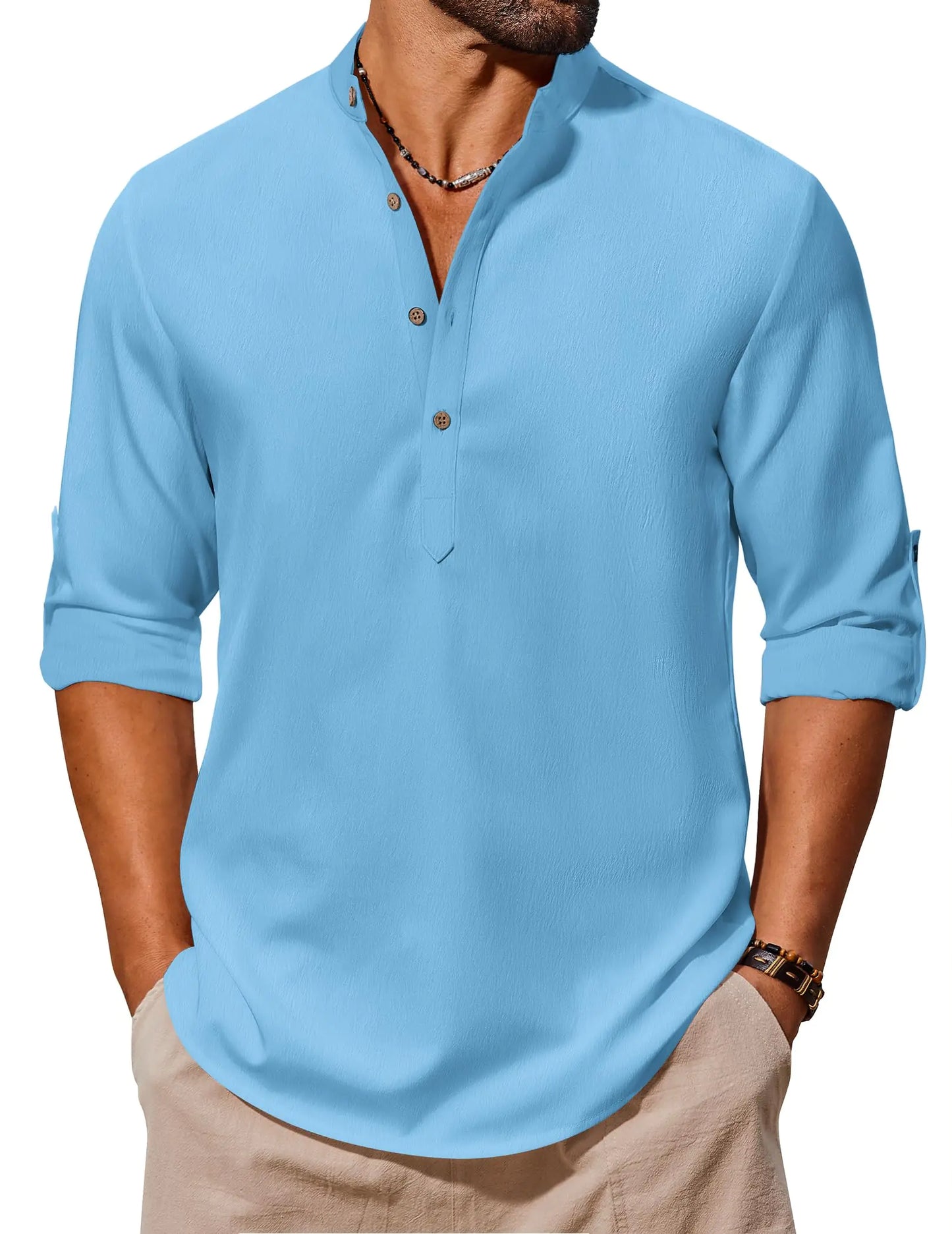 COOFANDY Henley Shirts for Men Long Sleeve Band Collar Beach Vacation Shirts Summer Casual Lightweight Tops Denim Blue